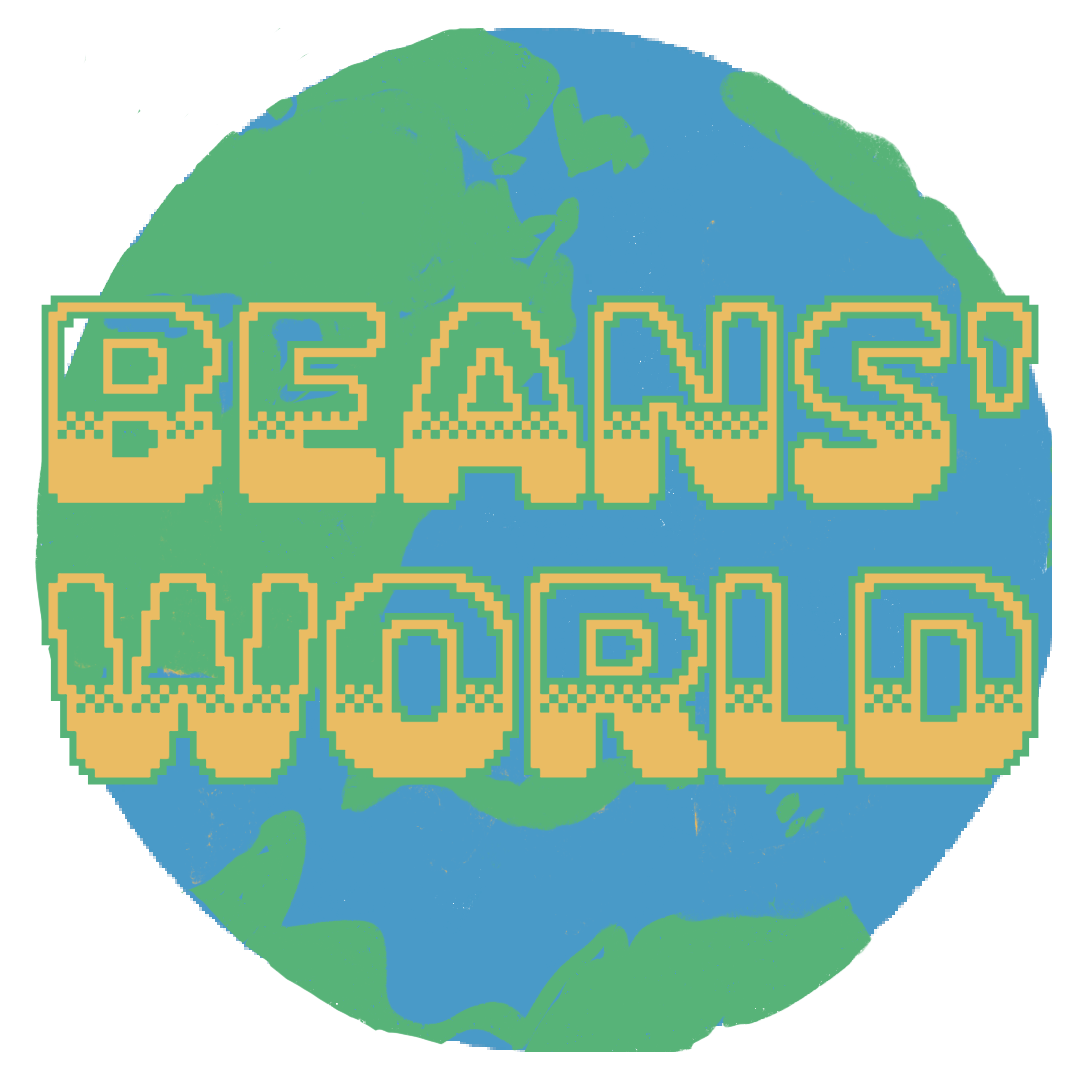 Graphic featuring the text 'BEANS' WORLD' in pixelated style, overlaying a stylized globe illustration.